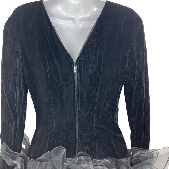 Vintage 80s Tadashi Black Velvet Dress 4 Organza Ruffle Bottom Long Sleeve - Picture 7 of 11